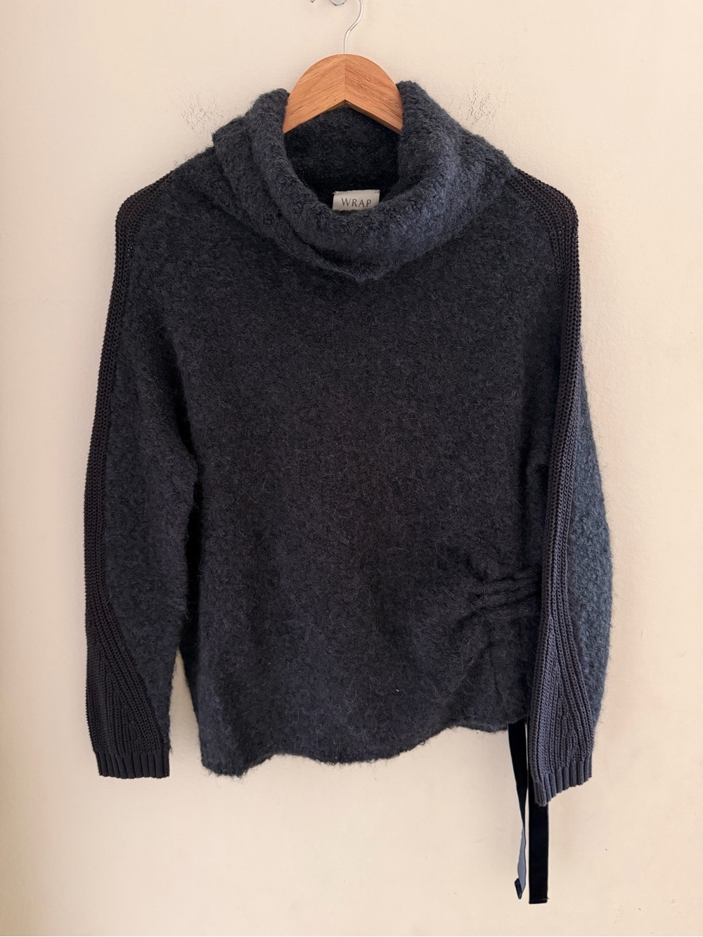 Wrap London Alpaca Blend Cowl Neck Ruched Tie Sweater Charcoal Green Sz US 4
